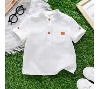 Camicia bianca elegante e casual da bambino maschio per l'estate, a maniche corte con collo alla coreana, adatta per feste di compleanno, eventi serali, spettacoli, matrimoni, celebrazioni del primo m