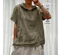 Camicia bianca in cotone e lino con cappuccio, maniche corte e bottoni, taglie forti, vestibilità ampia, stile casual resort, stile pastorale estivo 0XL,1XL,2XL,3XL,4XL,5XLColore unicoTessuto intrecci
