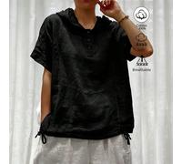 Camicia bianca in cotone-lino con cappuccio, maniche corte e bottoni, taglie forti, vestibilità ampia, stile casual resort, stile pastorale estivo 0XL,1XL,2XL,3XL,4XL,5XLColore unicoTessuto intrecciat