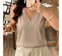 Camicia bianca senza maniche con scollo a V in lino e cotone, con inserti in pizzo traforato, stile resort pastorale, top estivo taglie forti 0XL,1XL,2XL,3XL,4XLColore unicoTessuto intrecciato