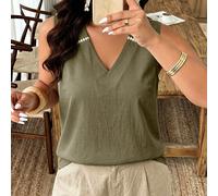 Camicia bianca senza maniche con scollo a V in lino e cotone, con inserti in pizzo traforato, stile resort pastorale, top estivo taglie forti 0XL,1XL,2XL,3XL,4XLTie DyeTessuto intrecciato