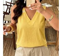 Camicia bianca senza maniche con scollo a V in lino e cotone, inserti in pizzo traforato, stile resort pastorale, top estivo taglie forti 0XL,1XL,2XL,3XL,4XLStampa CasualeTessuto intrecciato