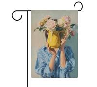 Camicia blu donna giallo vaso di fiori bandiera giardino vacanza stagionale iuta doppia faccia casa cortile esterno bandiere 30,5 x 45,7 cm