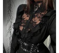 Camicia/blusa a maniche lunghe con colletto arricciato, stile vintage college, punk, gotico, audace e d'avanguardia, sexy, con inserti in pizzo e patchwork, adatta per Ognissanti, back to school e uso