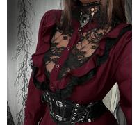 Camicia/blusa a maniche lunghe con colletto arricciato, stile vintage college, punk, gotico, audace e d'avanguardia, sexy, con inserti in pizzo e patchwork, adatta per Ognissanti, back to school e uso