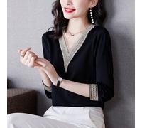 Camicia Blusa Top In Satin Di Velluto Lungo Con Pizzo Elegante A V Manica Lunga