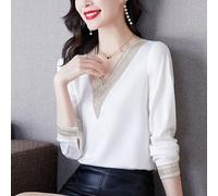 Camicia Blusa Top In Satin Di Velluto Lungo Con Pizzo Elegante A V Manica Lunga