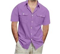 Camicia cargo con tasche pieghevoli, camicia con tasche per uomo, a maniche corte, con bottoni, estiva, vestibilità stretta, da lavoro, leggera, alla moda, comoda camicia per il tempo libero, Lilla