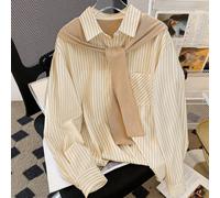Camicia casual a manica lunga a righe con una fila di bottoni, con tasche, adatta per l'autunno, da donna L,M,S,XL,XSBlocchi di colore,A strisce,Stampa CasualePoliestere
