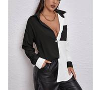 Camicia casual a manica lunga da donna con tasco su un lato, cuciture a contrasto, nero e bianco, taglia L
