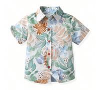 Camicia casual a maniche corte con stampa di piante tropicali per ragazzo in vacanza 6Y,7Y,4Y,5Y,2-3Y,3-4YPianteTessuto