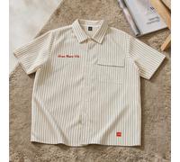 Camicia casual a maniche corte con tasche e motivo a righe, uomo, crema, camicia da bowling a bottoni, camicia da lavoro a maniche corte, camicia a righe, camicia a maniche corte da lavoro per uomo, c