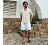 Camicia casual a maniche corte con texture per uomo, adatta per uso quotidiano, camicia cubana da uomo, camicia da uomo con texture, beige, color albicocca, crema, adatta per tempo libero, weekend, at