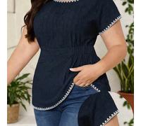 Camicia casual a maniche corte da donna con collo rotondo, in tessuto con texture a conchiglia e blocchi di colore, adatta per la primavera/estate e il giorno di San Patrizio, colore blu navy 0XL,1XL,