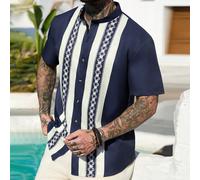 Camicia casual a maniche corte da uomo con collo alla coreana, stampa a righe a contrasto e bottoni davanti, adatta per l'estate L,M,S,XL,XXLTradizione popolareTessuto intrecciato