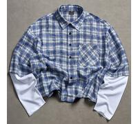 Camicia casual a maniche lunghe con colletto, in flanella a quadri blu, adatta per l'ufficio e i lavori d'autunno e inverno L,M,S,XL,XSquadriTessuto intrecciato