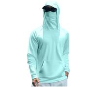 Camicia casual a maniche lunghe da uomo leggera da uomo con oltre 50 felpe con cappuccio da pesca Rash Guard camicie da trekking con tasche lungo collo alto, Azzurro, S