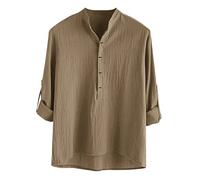 Camicia casual a maniche lunghe da uomo Top da yoga estivo Camicia Henley Summer Beach Vacanze Top Camicie da uomo Camicie da nonno senza colletto, 0B-marrone, M