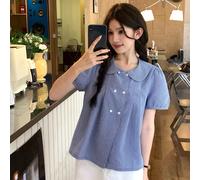 Camicia casual a quadri con colletto alla Peter Pan, stile coreano, per l'estate L,M,SColore unicoPoliestere