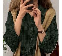 Camicia casual a quadri da donna, maniche lunghe, con bottoni anteriori e spalle scese, top in tessuto lavorato, adatta per tutte le stagioni, in particolare per la primavera L,M,S,XL,XSquadriTessuto 