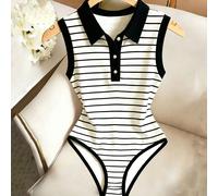 Camicia casual a righe bianche e nere stile patchwork, con colletto e decorazione di bottoni, adatta per donne in stile casual, da spiaggia, vacanza, uso quotidiano, stile college L,M,S,XLGeometrico,A