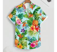 Camicia casual alla moda da uomo con stampa digitale all-over di elementi tropicali e ananas, adatta per l'estate, uscite, feste e abbinamenti di coppia, regalo ideale per il fidanzato e le vacanze L,