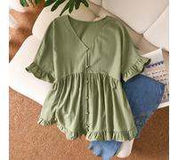 Camicia casual ampia a-line taglie forti da donna, top verde da donna, camicia con bottoni, abbigliamento da donna primavera/estate. Stile bambola con orlo a ombrello, top casual da donna outfit da va