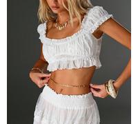 Camicia casual bianca da donna per vacanze, scollo a V profondo, ricamata, maniche a sbuffo, vita raccolta, adatta per la spiaggia, estate L,M,S,XL,XS,XXSColore unicoTessuto intrecciato