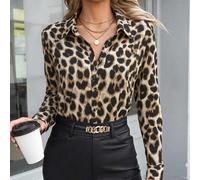 Camicia casual comoda da donna a maniche lunghe, camicia con colletto e bottoni a stampa leopardata, adatta per primavera/autunno L,M,S,XLLeopardoTessuto intrecciato