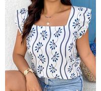 Camicia casual con scollo a barca e maniche a cappuccio, con stampa blu e bianca, in stile vacanze, regalo per la festa della mamma, abbigliamento per Pasqua, outfit da vacanza per donna, outfit da co