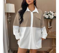 Camicia casual con tasche utility dalle ampie maniche a giro e color-block, adatta per donne di taglie comode, per l'autunno 0XL,1XL,2XL,3XL,4XLBlocchi di coloreTessuto intrecciato