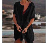 Camicia casual da donna a maniche corte con bottoni sul davanti, vestibilità ampia, tinta unita, tessuto in poliestere adatto per vacanze estive, spiaggia, ciclismo, attività di yoga (M nero)