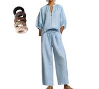 Camicia casual da donna con maniche in lino e cotone, pantaloni a gamba larga, per uno stile accogliente, può essere indossato come cardigan, Blu, XL