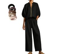 Camicia casual da donna con maniche in lino e cotone, pantaloni a gamba larga, per uno stile accogliente, può essere indossato come cardigan, Nero , M