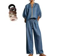 Camicia casual da donna con maniche in lino e cotone, pantaloni a gamba larga, per uno stile accogliente, può essere indossato come cardigan, Blu scuro, S