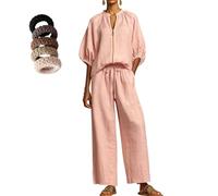Camicia casual da donna con maniche in lino e cotone, pantaloni a gamba larga, per uno stile accogliente, può essere indossato come cardigan, rosa, S