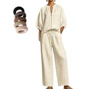 Camicia casual da donna con maniche in lino e cotone, pantaloni a gamba larga, per uno stile accogliente, può essere indossato come cardigan, bianco, S