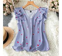 Camicia casual da donna con scollo a V, balze, a righe, a forma di cuore, nuova per l'anno, per San Valentino, per l'estate e la primavera, abbigliamento estivo, look primaverili, per vacanza, per don