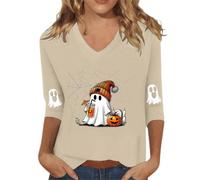Camicia casual da donna con scollo a V e fantasma spettrale, Beige, M