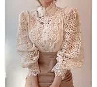 Camicia Casual Da Donna - Petalo Polsini Stand-Up Colletto Cavo Fiore Pizzo Patchwork Retrò All-Match Camicetta Chic Bottoni Albicocca Elegante Business Party