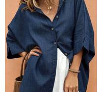 Camicia casual da donna taglie forti autunno/inverno: un design semplice, versatile e ispirato alle vacanze in blu navy, con vestibilità ampia, spalle scese e colletto rialzato - la scelta perfetta pe
