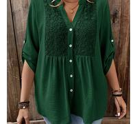Camicia casual da donna taglie forti con scollo a V, maniche 3/4 con polsini in pizzo idrosolubile e fibbia, design patchwork sul busto, bottoni a contrasto, per uscite e vacanze 0XL,1XL,2XL,3XL,4XLCo