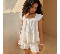 Camicia casual da ragazza con maniche a cappuccio bianca e patchwork, top primaverile/estivo, versatile, fresco ed energico, adatto per vacanze, viaggi e varie occasioni 8Y,9Y,10Y,11Y,12YColore unicoP