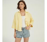 Camicia casual da ufficio a maniche larghe color giallo burro, camicia larga a tre quarti per l'inizio dell'autunno, bluse casual e casual per strade L,M,S,XSPoliestere