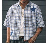 Camicia casual da uomo a maniche corte con bottoni davanti, a stampa a quadri e stelle, per l'estate L,M,S,XLquadriTessuto