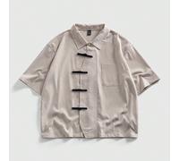 Camicia casual da uomo a maniche corte con bottoni frontali a righe e placchetta obliqua in stile retrò L,M,S,XLA strisceTessuto intrecciato