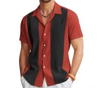 Camicia casual da uomo a maniche corte con bottoni, vestibilità ampia, stile vintage a tema bowling, top in stile hawaiano, per l'estate tutti i giorni e per le feste (L rosso nero)