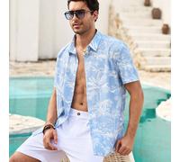 Camicia casual da uomo a maniche corte, con colletto alla coreana, bottoni davanti e stampa di piante tropicali, adatta per l'estate L,M,S,XL,XXLStampa CasualeTessuto