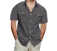 Camicia casual da uomo a maniche corte in cotone e lino, taglie forti, in mussola, estiva, con bottoni, in lino, camicia hawaiana, a maniche corte, per vacanze, spiaggia, da uomo, grigio scuro, 5XL