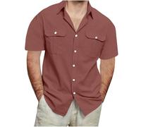 Camicia casual da uomo a maniche corte in cotone e lino, taglie forti, in mussola, estiva, con bottoni, in lino, camicia hawaiana, a maniche corte, per vacanze, spiaggia, da uomo, Vino, 4X-Large